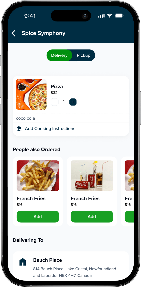 food ordering cart and checkout screen