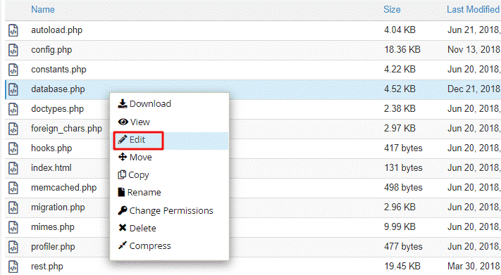 right-click on the database.php file