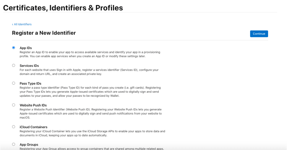 register Identifiers in apple developer portal
