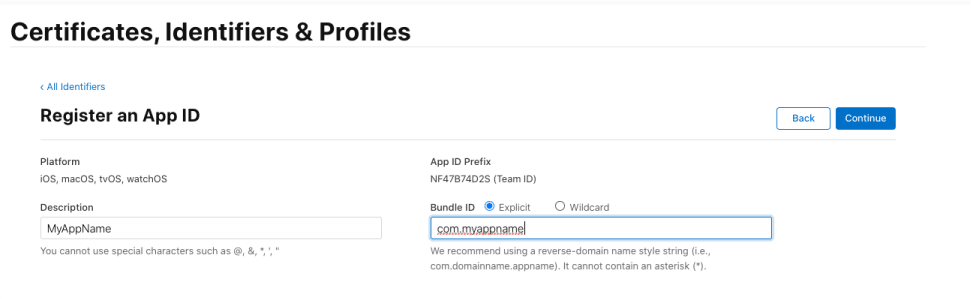 register Identifiers in apple developer portal