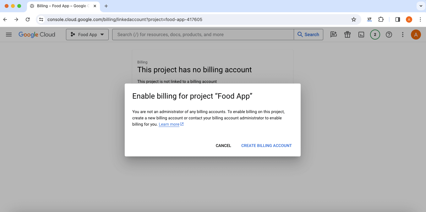 enable API billing for food ordering app