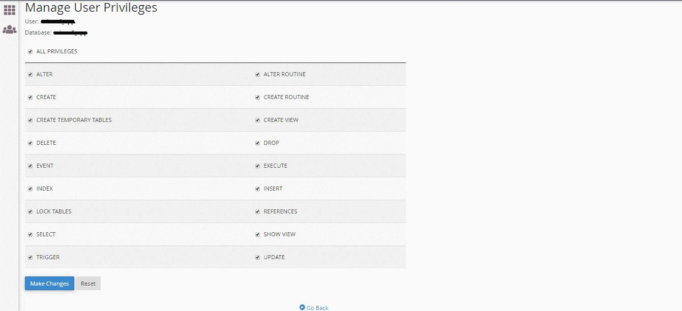Privilege assignment for database user