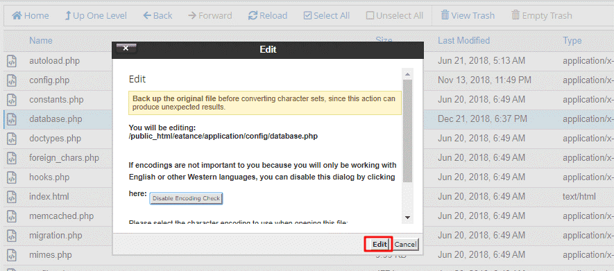 Editing database.php file for database details