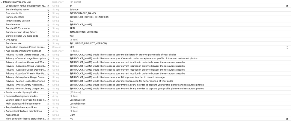Setting up Info.plist file ios folder