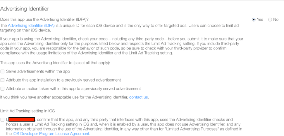 answer the Export Compliance, Content Rights, and Advertising Identifier questions