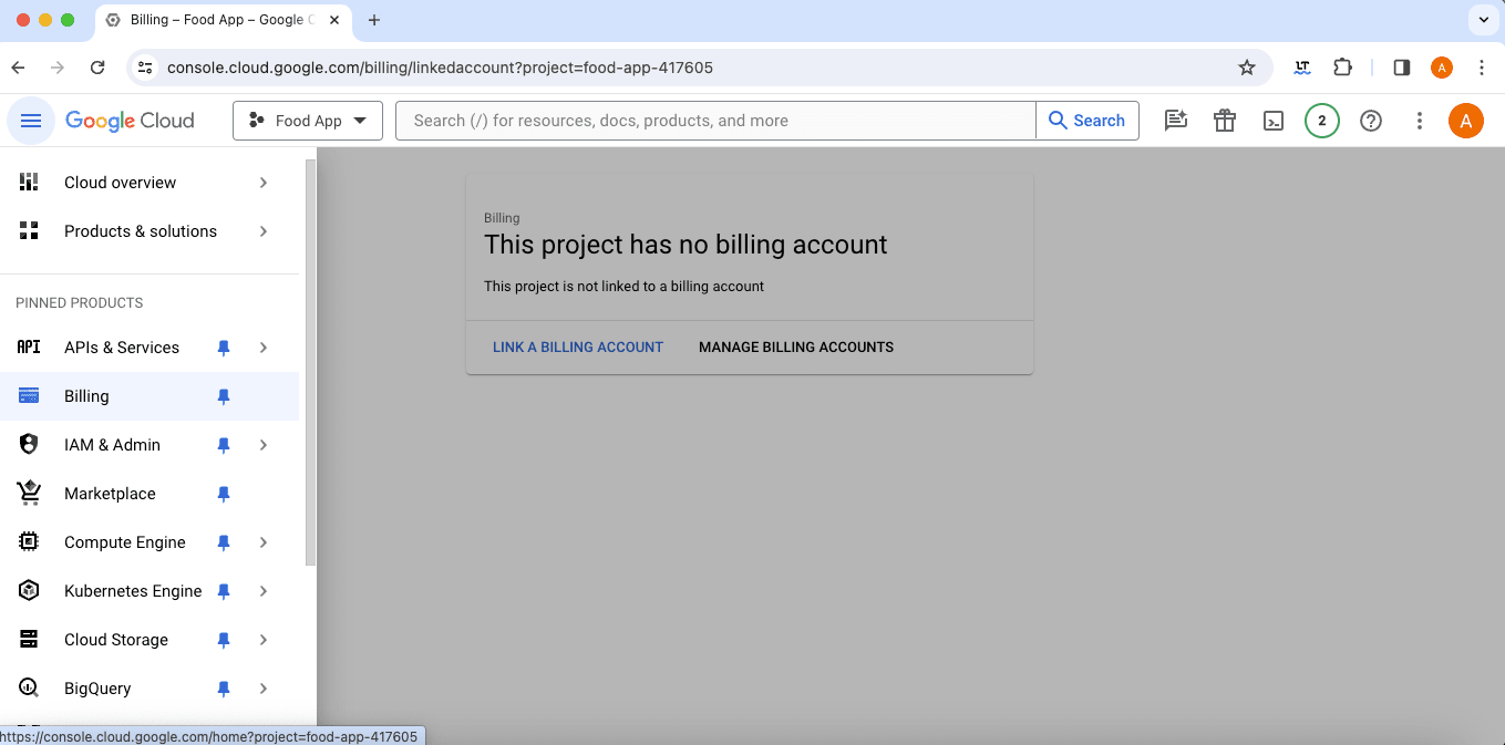 billing account in google api for food delivery app