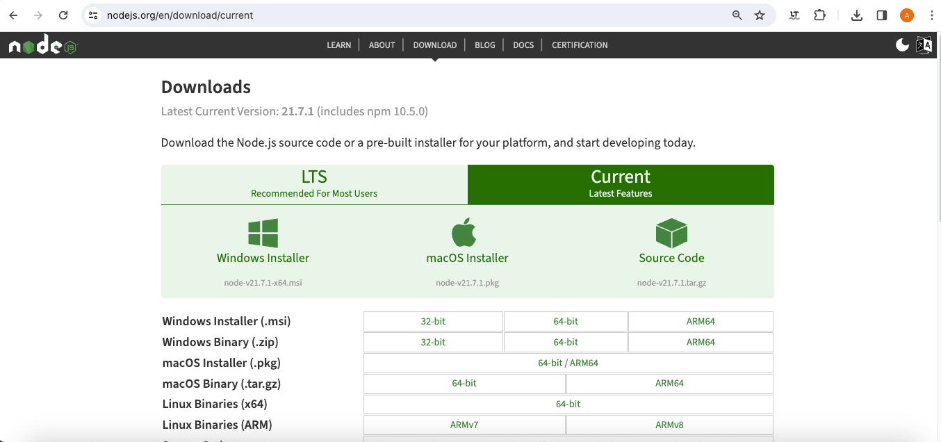 Download option for Node JS