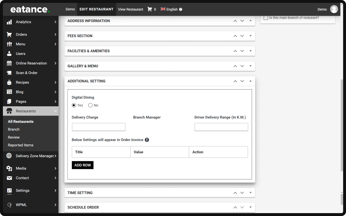 AdditionalAdditional Restaurant settings