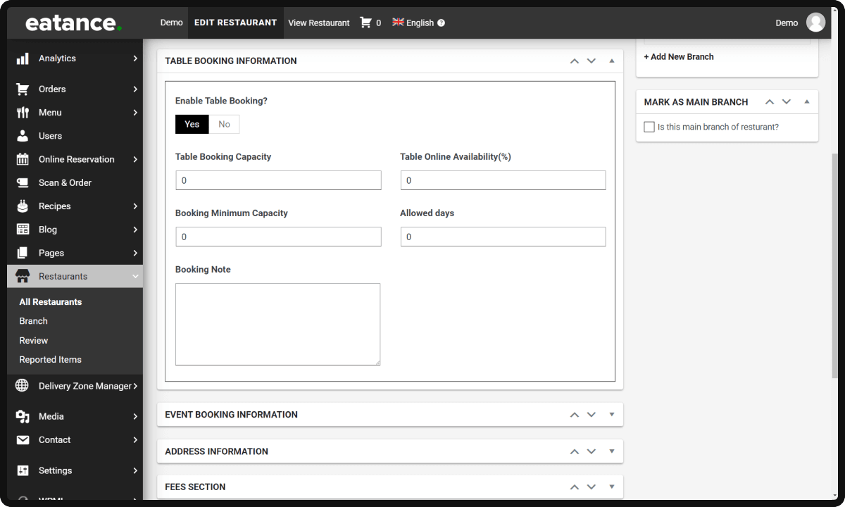 Enable Table Booking Information