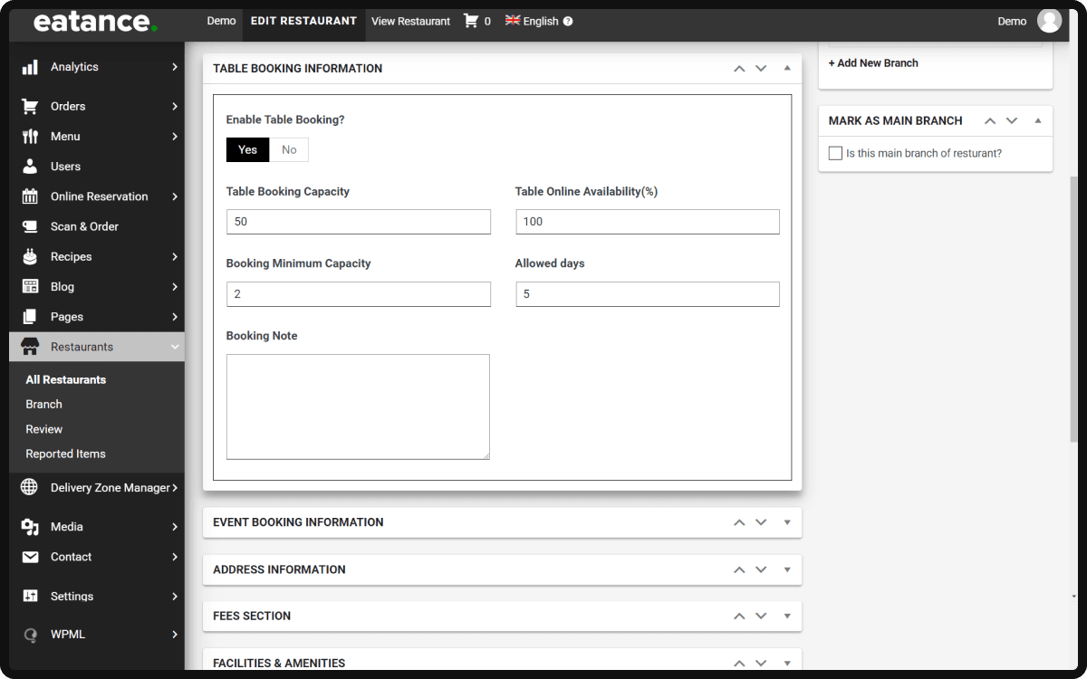 Enable Table Booking information