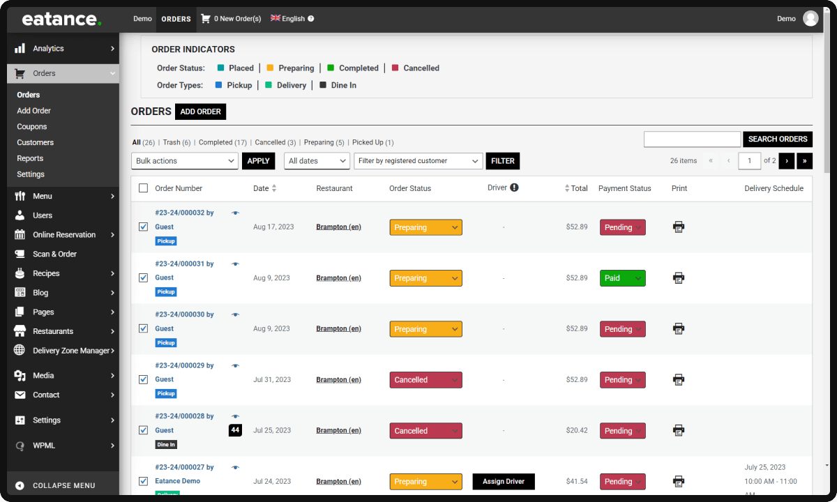 Bulk actions and handling multiple restaurant orders