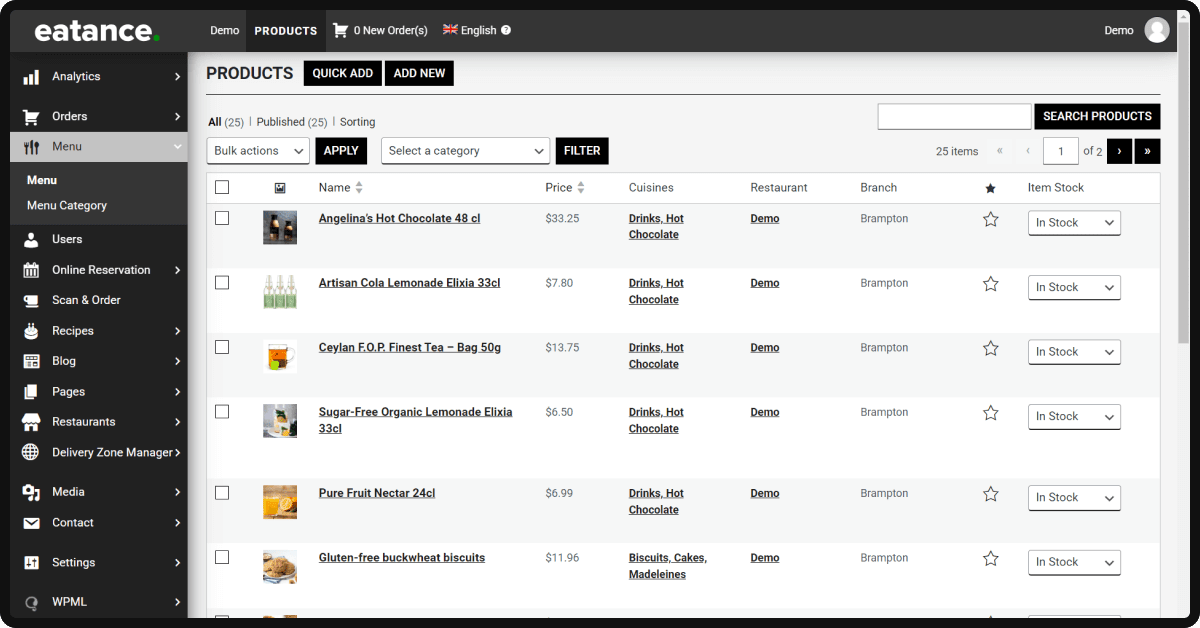 admin panel eatance restaurant builder