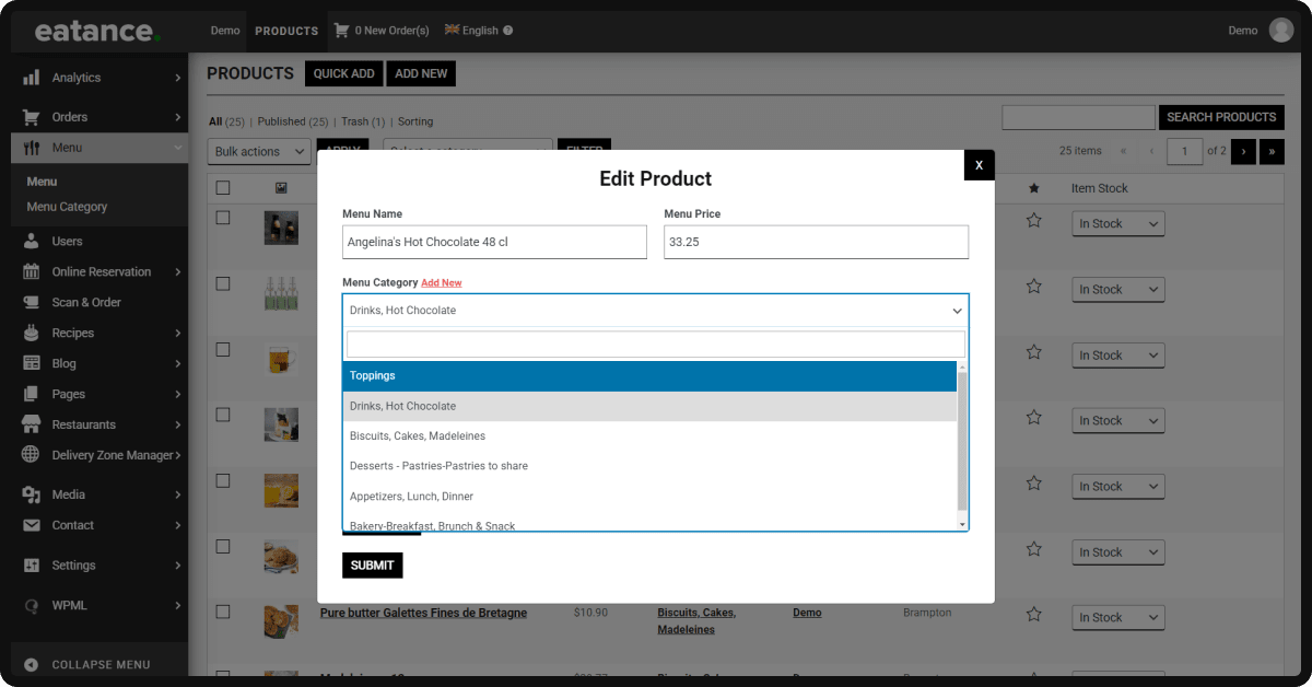 Configuration of Creating a Custom Food Dish Menu Category