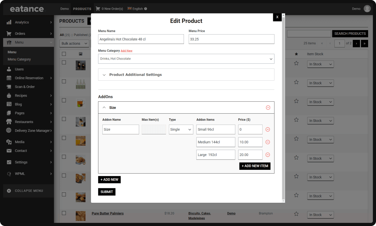 Configuration of Creating a Custom Food Dish Menu Price