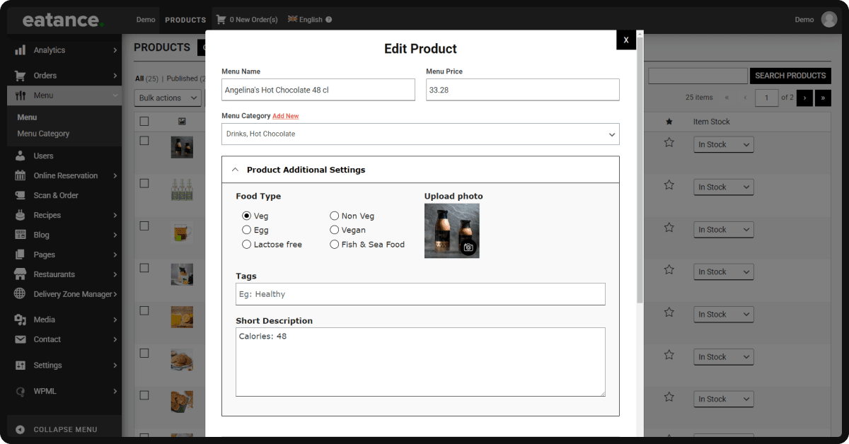 Configuration of Creating a Custom Food Dish Product Additional Settings