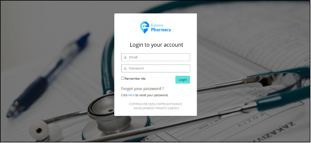 Eatance Pharmacy app login page