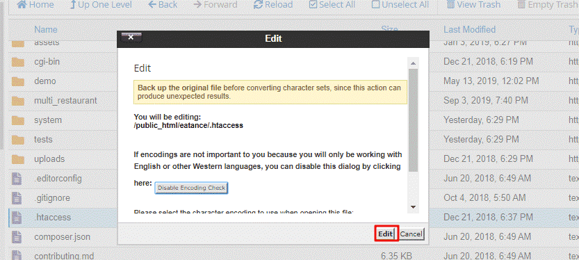 Edit option in .htaccess file for Eatance Multi Restaurant App