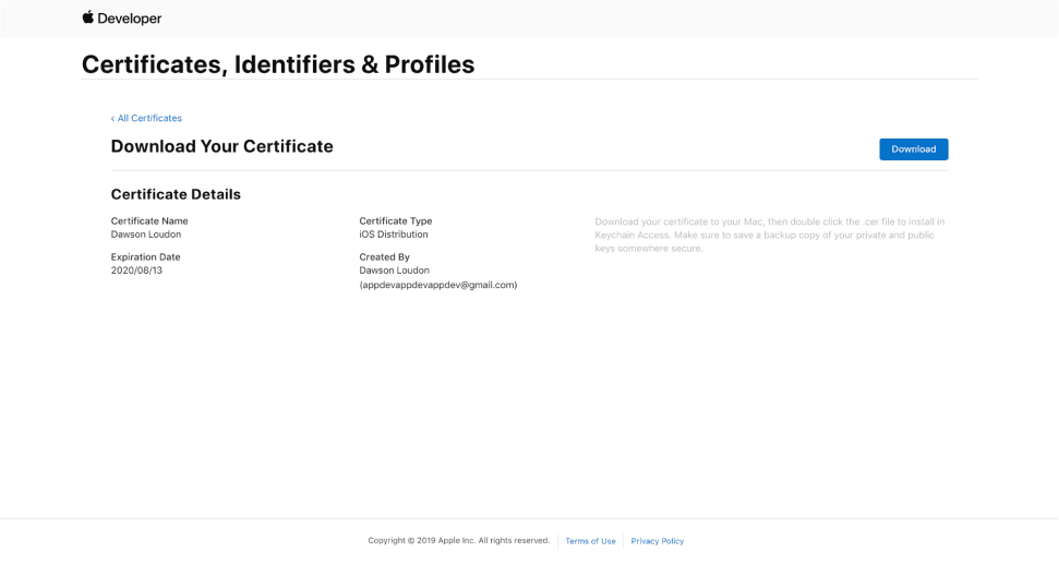 download certificates in the apple developer portal
