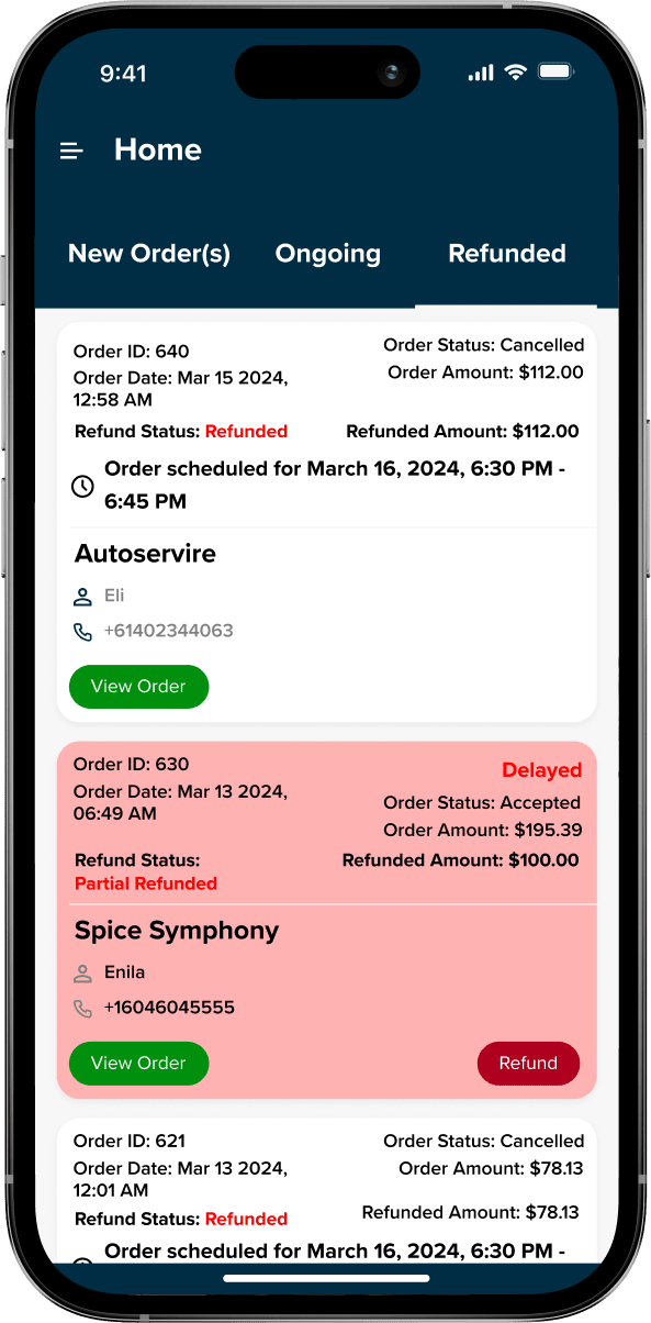 multi restaurant food Refunded Orders screen