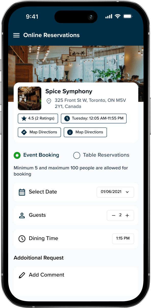 restaurant online table and event reservations app