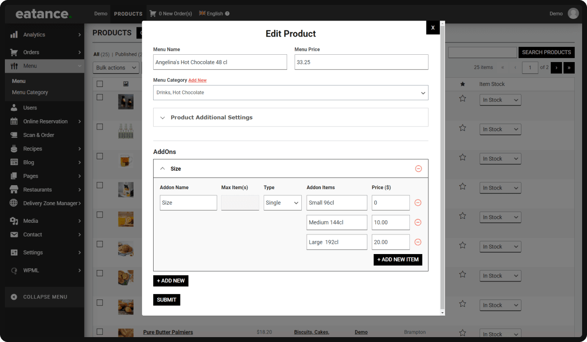 Configuring the Addons Size